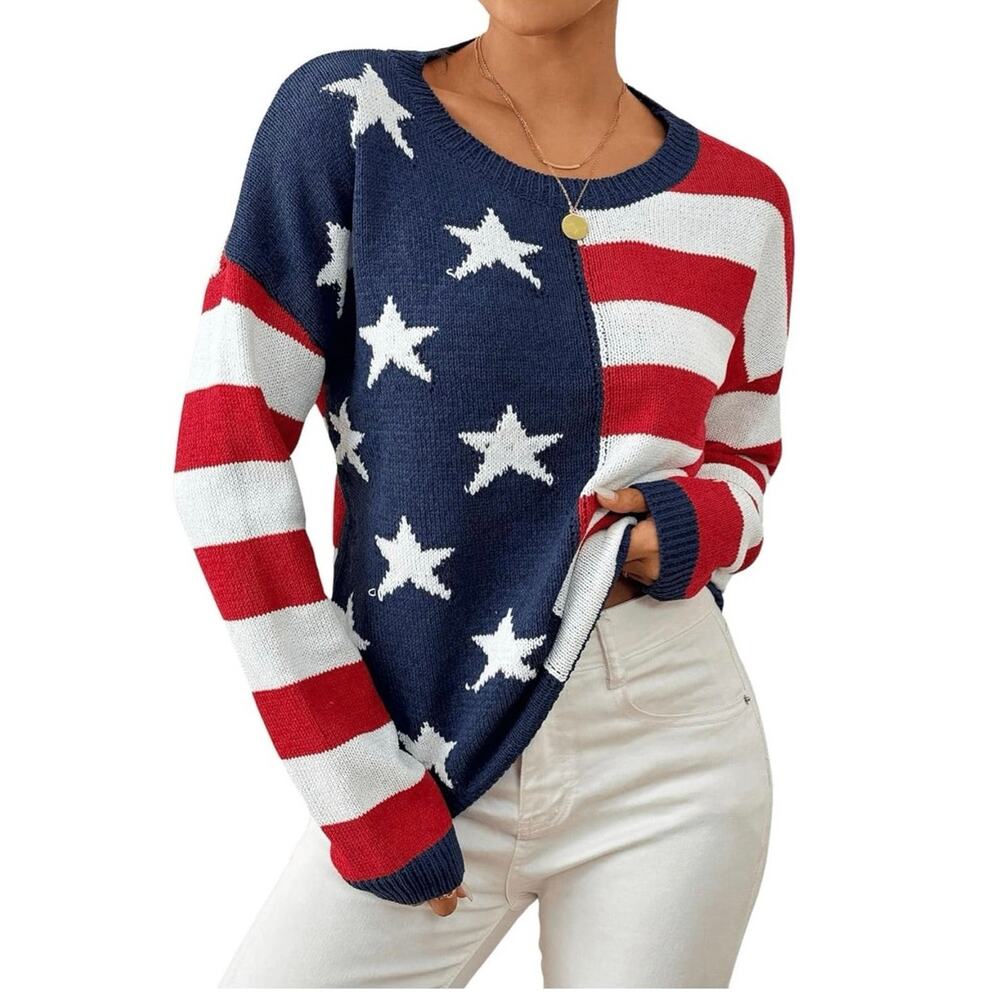 American Flag Patriotic Flag USA Striped Star Pullover Sweater size Large